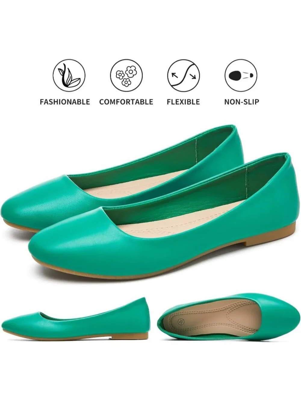 Women's Green PU Leather Closed Toe Comfortable Flexible Slip On Ballet Flats